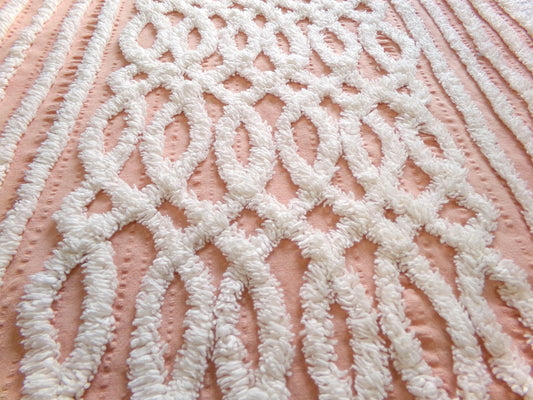 vintage chenille fabric: white geometric on peach cotton seersucker, 20" x 24" cut piece