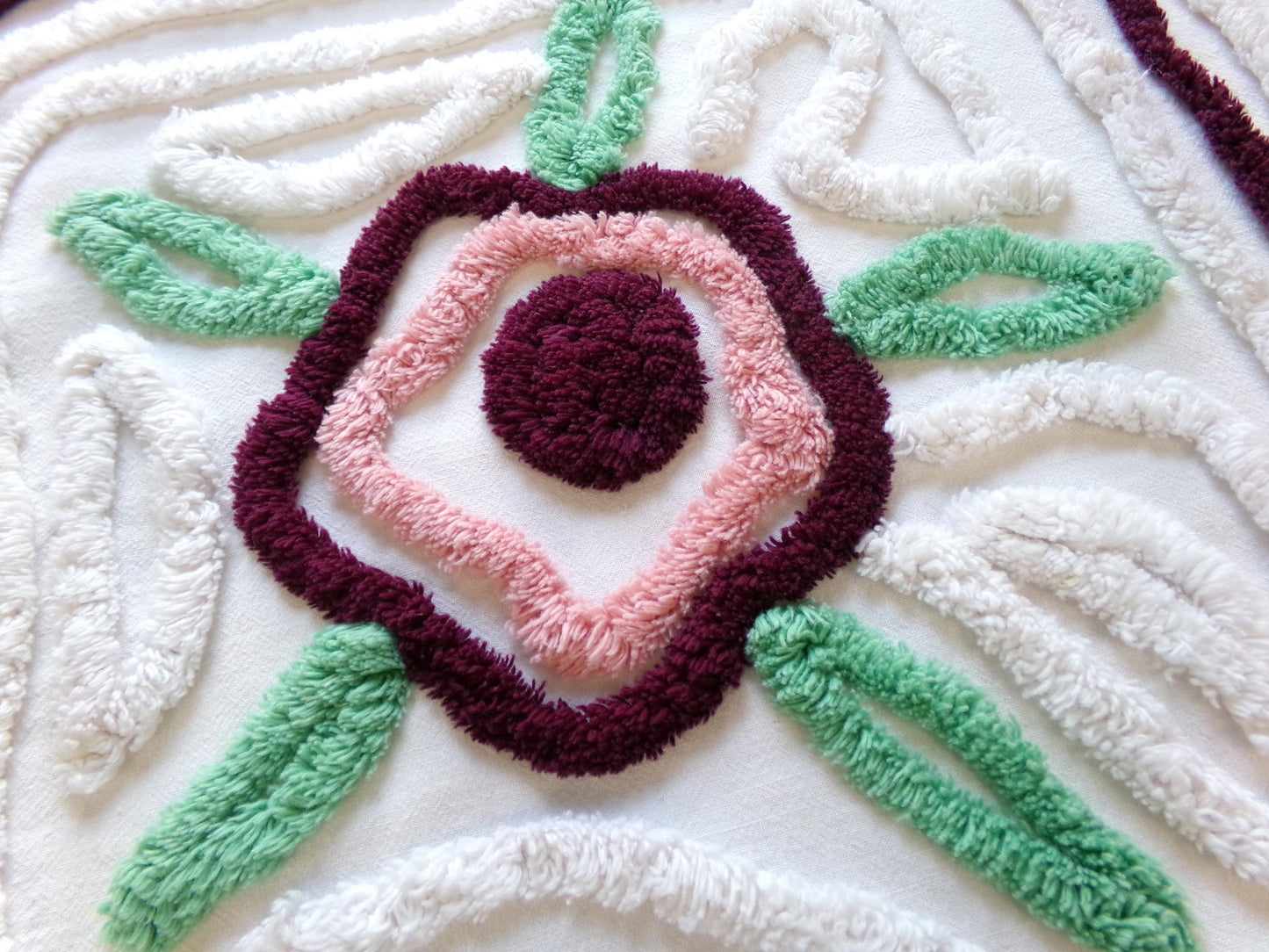Rose Mauve Vintage Chenille Fabric, 19" x 23" Piece of Radiating Swirl White Cotton Sewing Material Upcycle into Pillows, Quilts