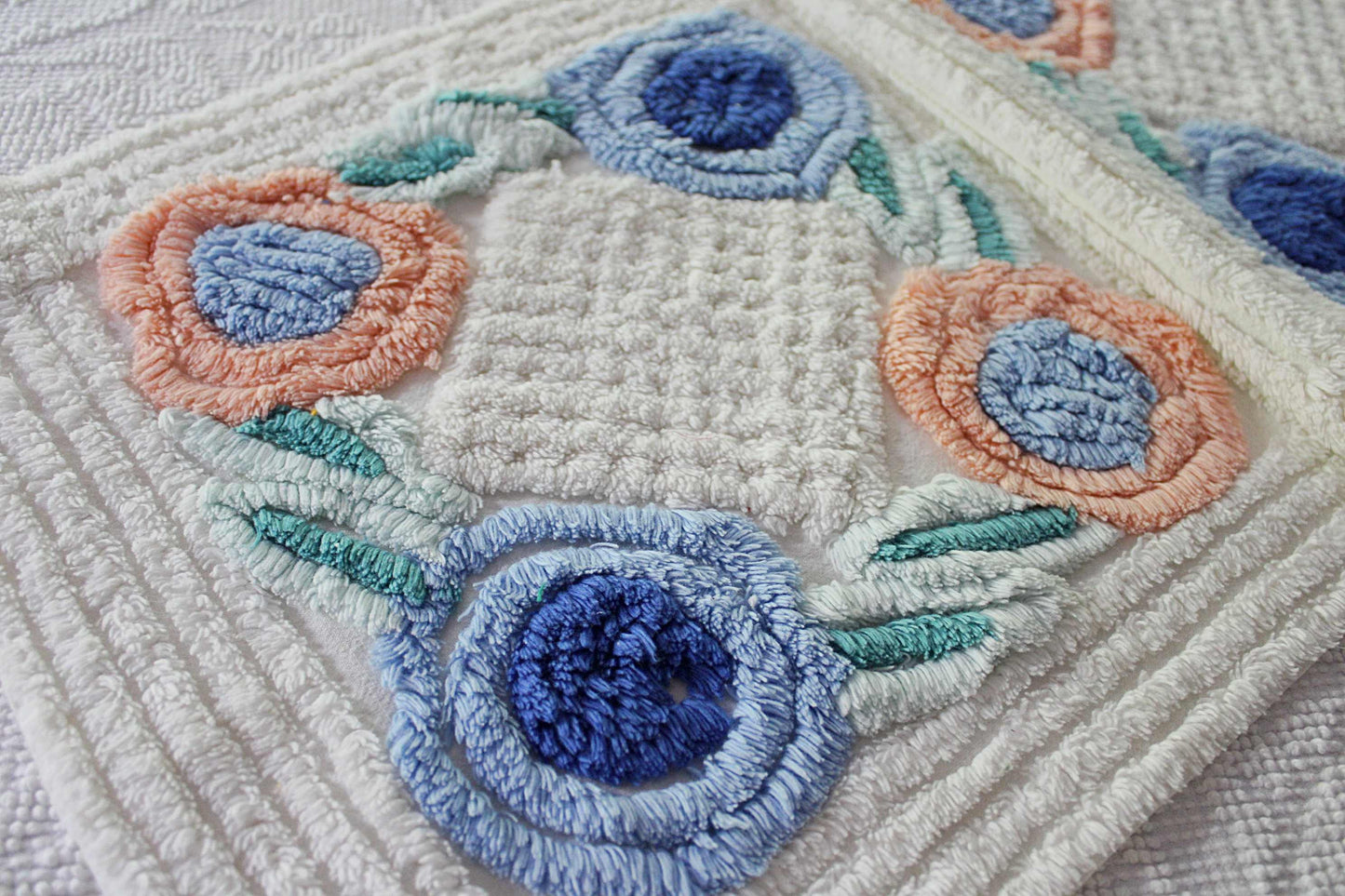 Pretty Vintage Chenille Fabric in Two Tone Blue & Iced Peach Roses on White, 13" x 30" inch Piece, Ideal for DIY Pillow Covers