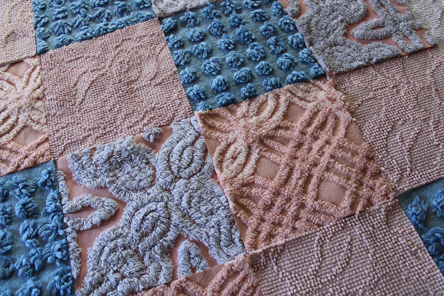 starry twilight chenille fabric squares, set of 16 vintage quilt blocks 6" inches ea, dreamy serene blue, rose mist, pink shades