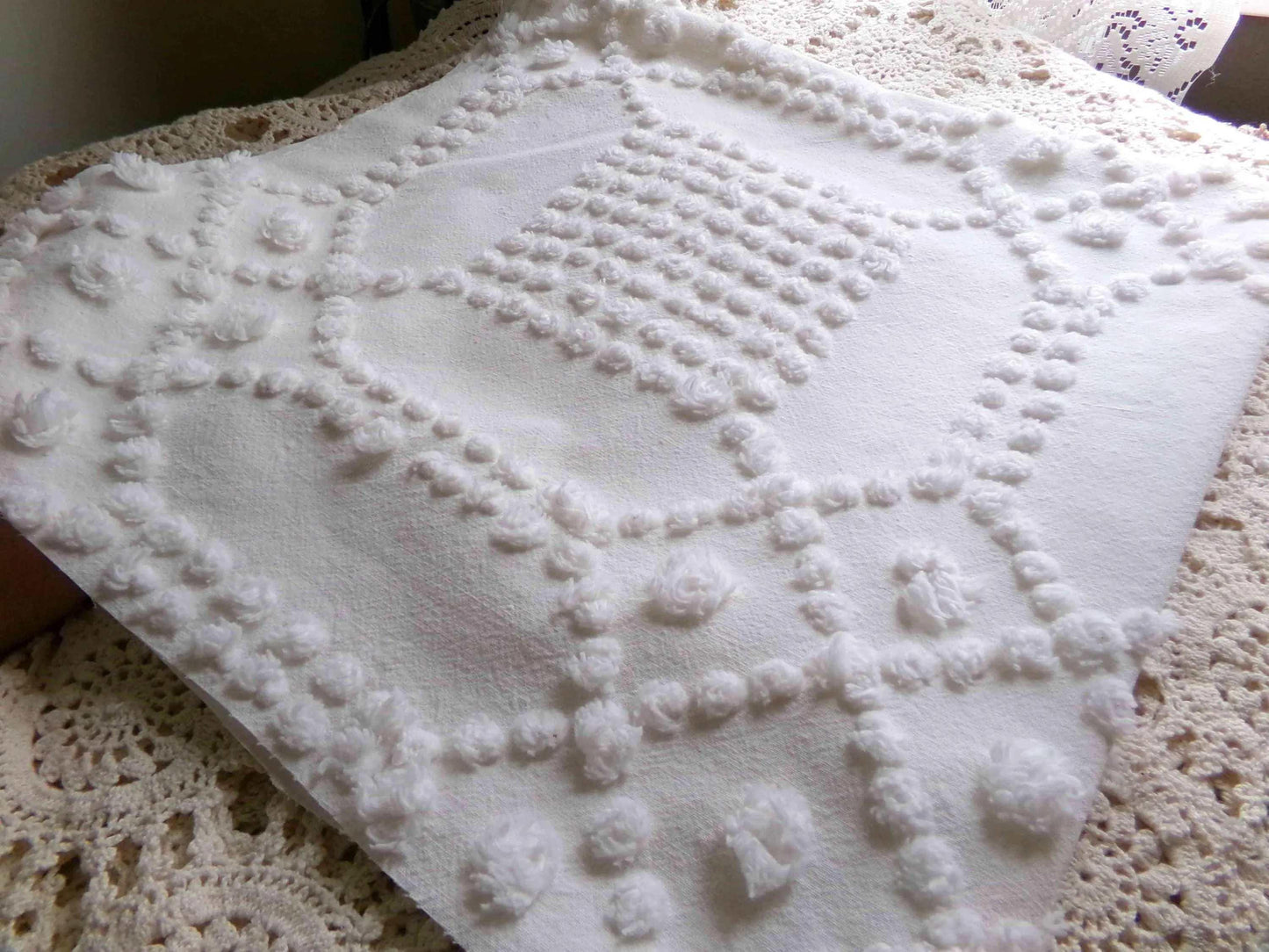 contemporary cosmic white vintage chenille fabric, intricate geometric handtufted sewing material, 22" x 23" piece great for pillows, quilts