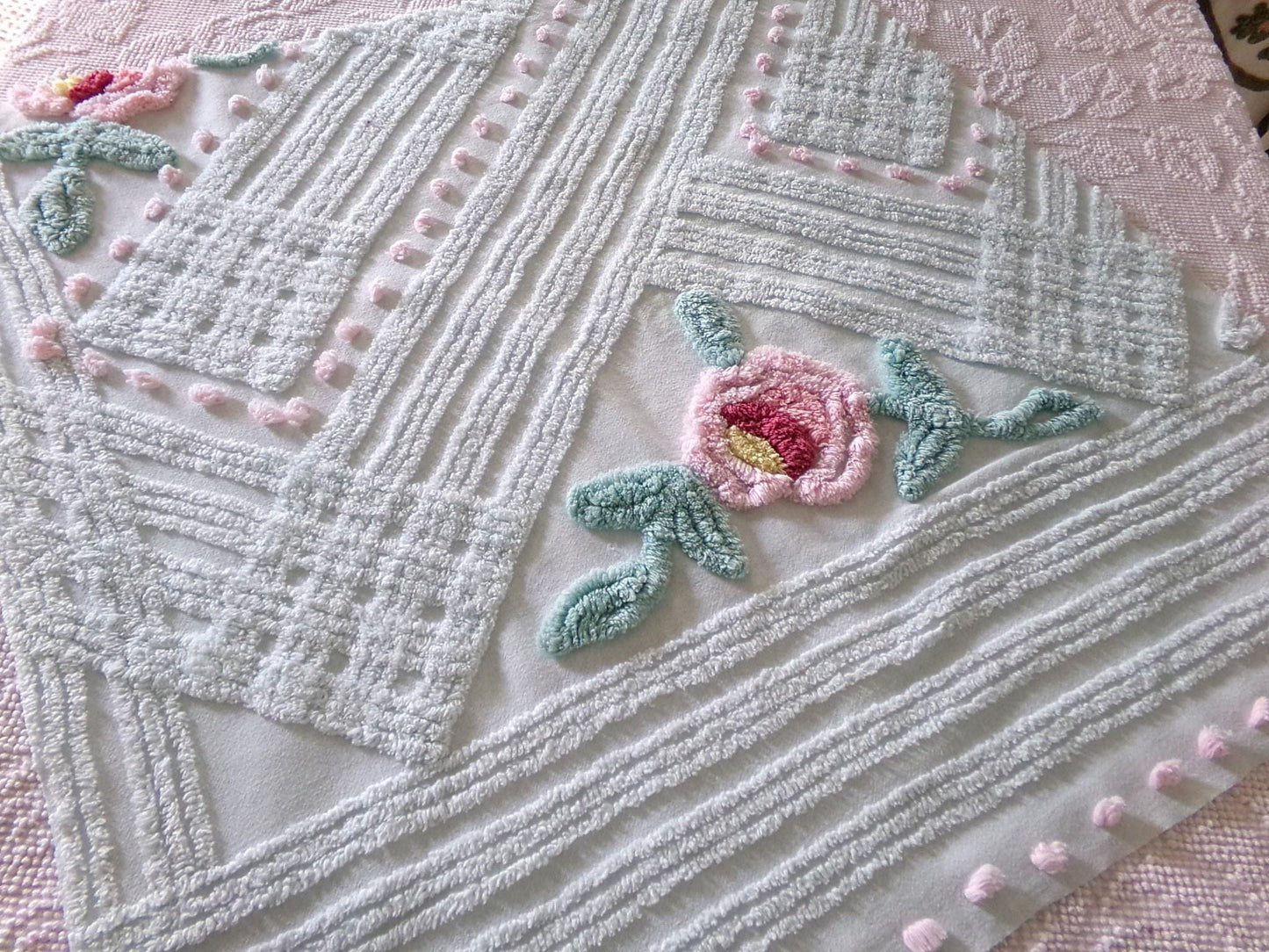 Rose Aqua Mist Vintage Chenille Fabric, 25" x 24" Piece, 100% Lightweight Cotton, Lovely Simple Floral Geometric Design