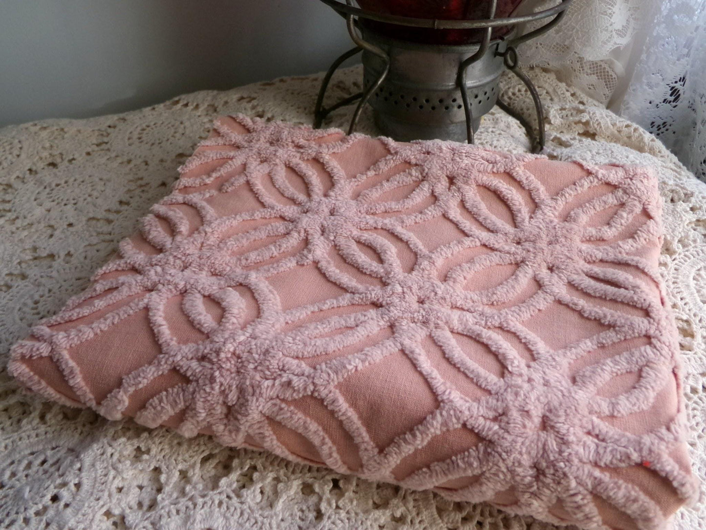 vintage chenille fabric, warm clay mauve geometric wedding ring design, 17" x 28" inch piece for sewing & crafts