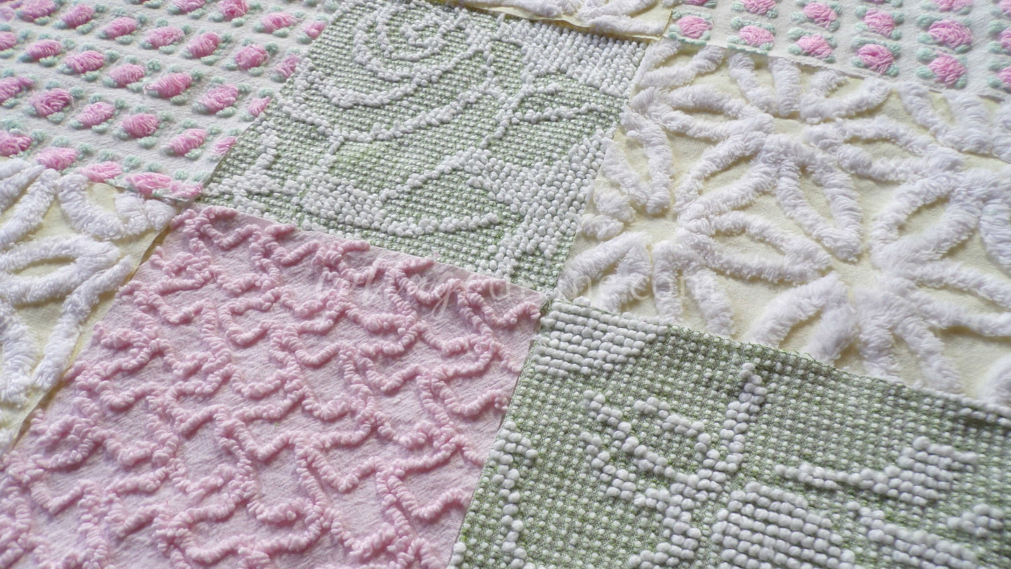 Fresh Flowers Chenille Quilt Squares Set from Vintage Bedspread Fabric, 17 Blocks, 6" x 6" inch