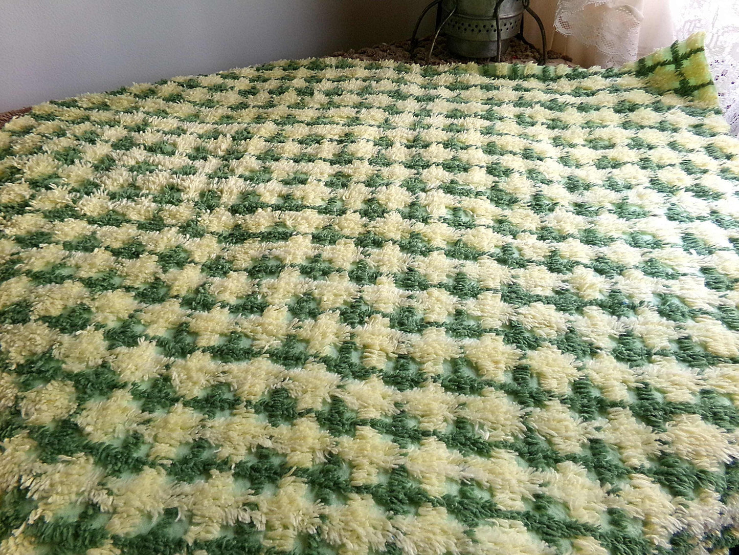 Cheerful Green & Yellow Plaid Vintage Chenille Fabric, 21" x 23" inch Piece, Soft Cotton Blend