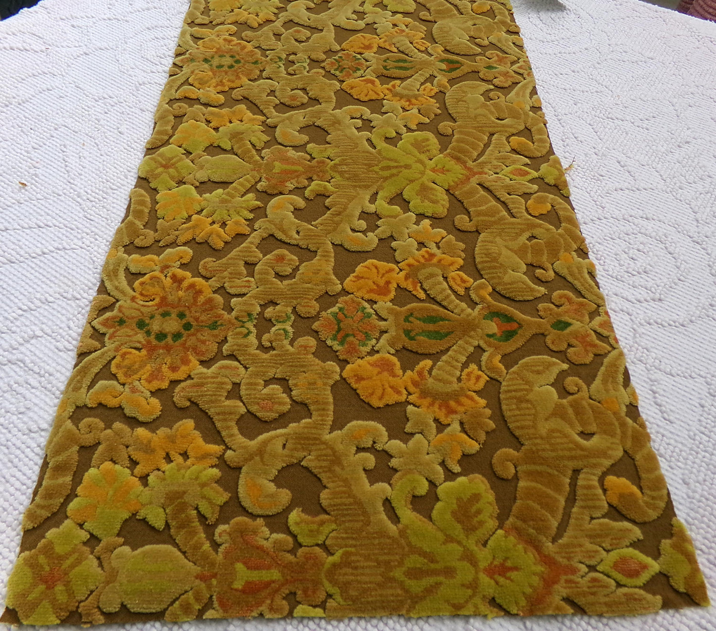 boho lux cut velvet fabric, rusty coppertone old world tapestry style Bates design, 12" x 20" cut piece, great for wallhanging, small bags
