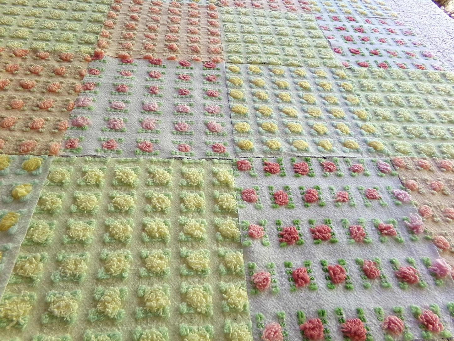Sunrise Rosebud Chenille Quilt Squares Set, from Vintage Bedspread Fabric, 16 Blocks, 6" inch, in Yellow, Peach, & Ombre Pink Roses