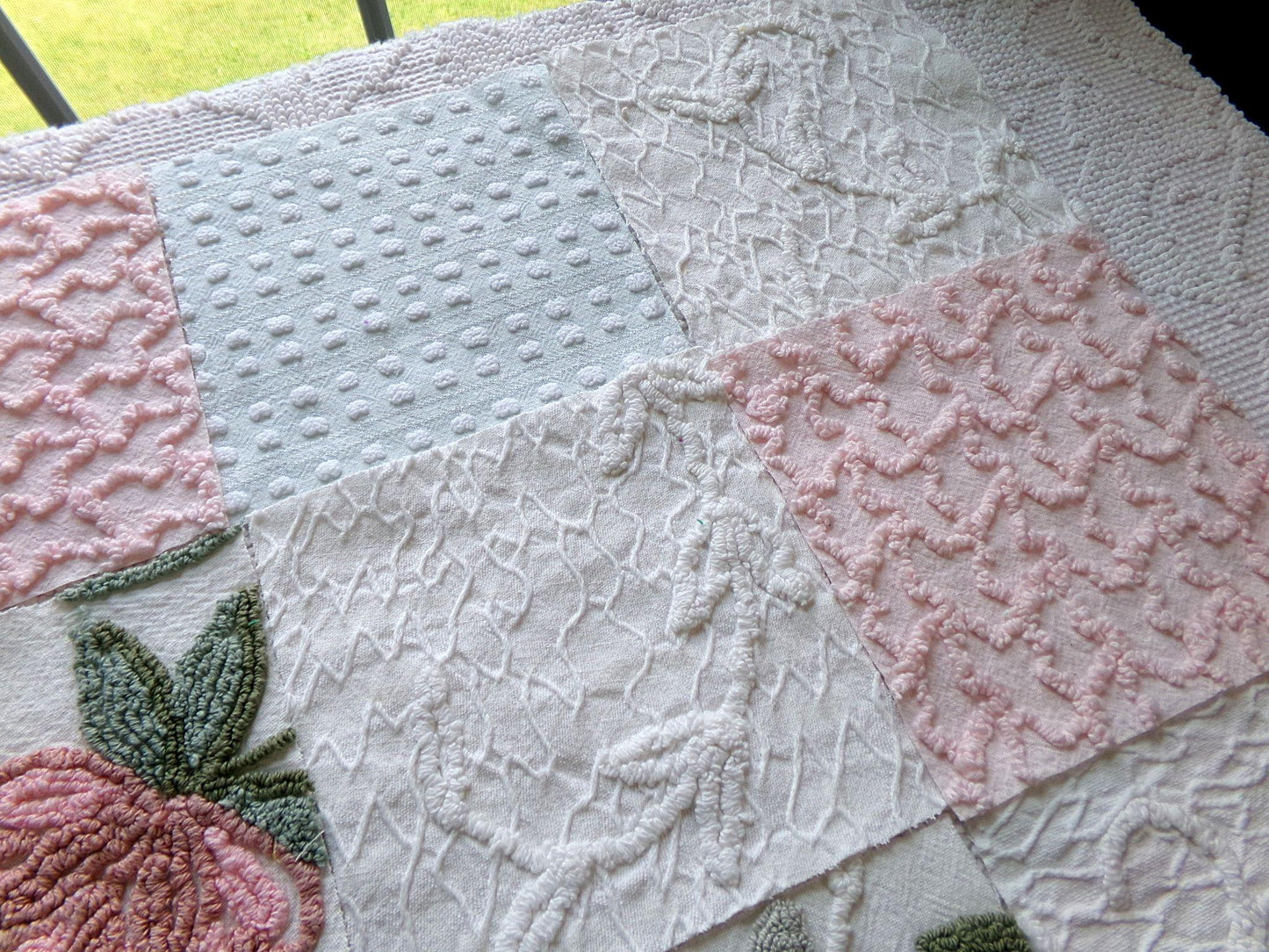 garden beauties vintage 6" chenille squares, set of 16 quilt blocks rotary cut from lovely vintage chenille & matelasse bedspread fabrics