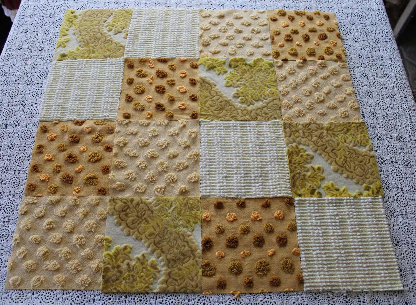 Chenille & Velvet Quilt Squares Set, "Sun Goddess", from Vintage Bedspread Fabric, 16 Blocks, 6" x 6" inches each, Earthtones