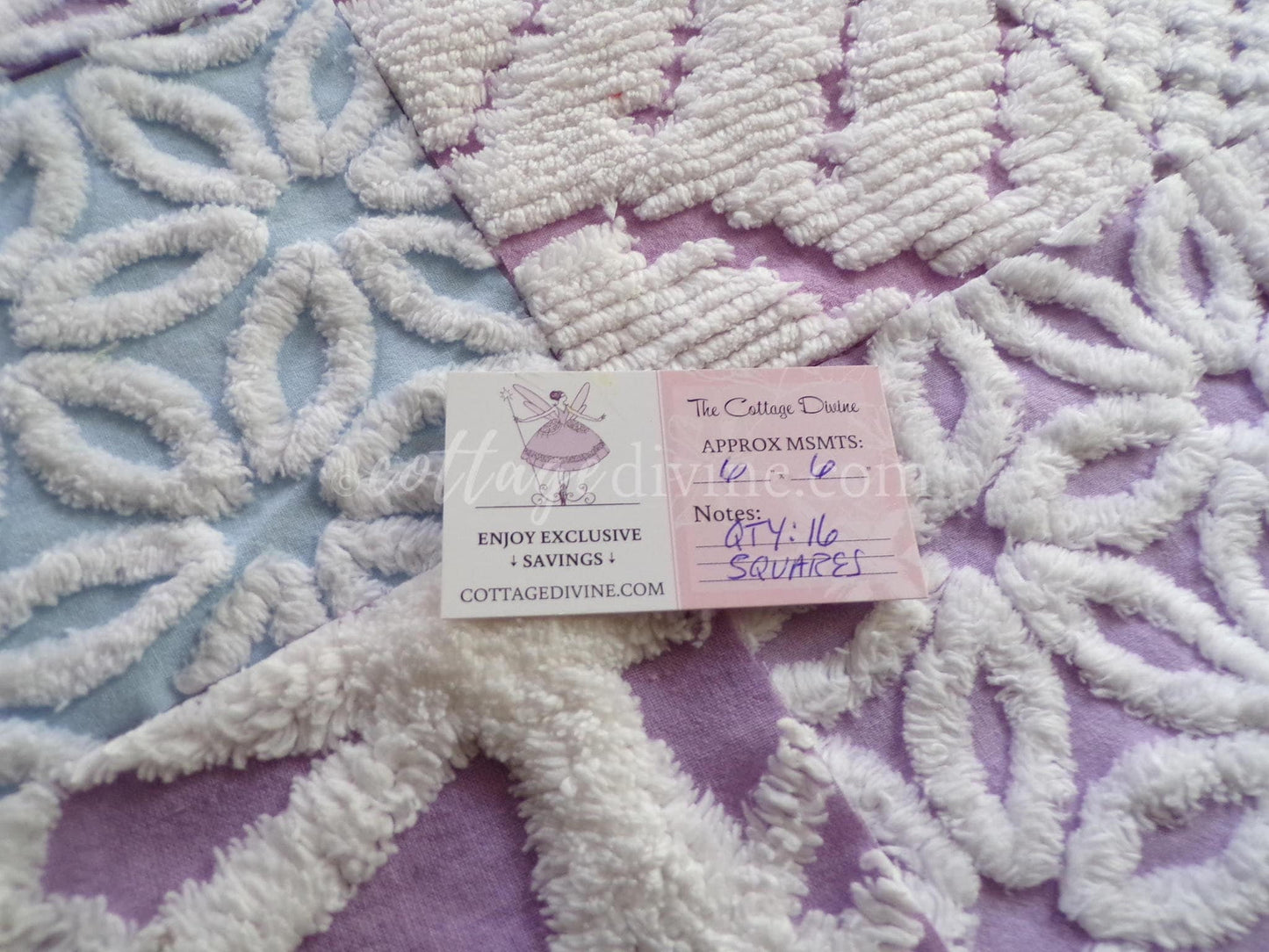 Peaceful Dreams Chenille Fabric Squares Set in Lilac, Blue & White, 16 Vintage Rotary Cut Quilt Blocks, 6" x 6" inch