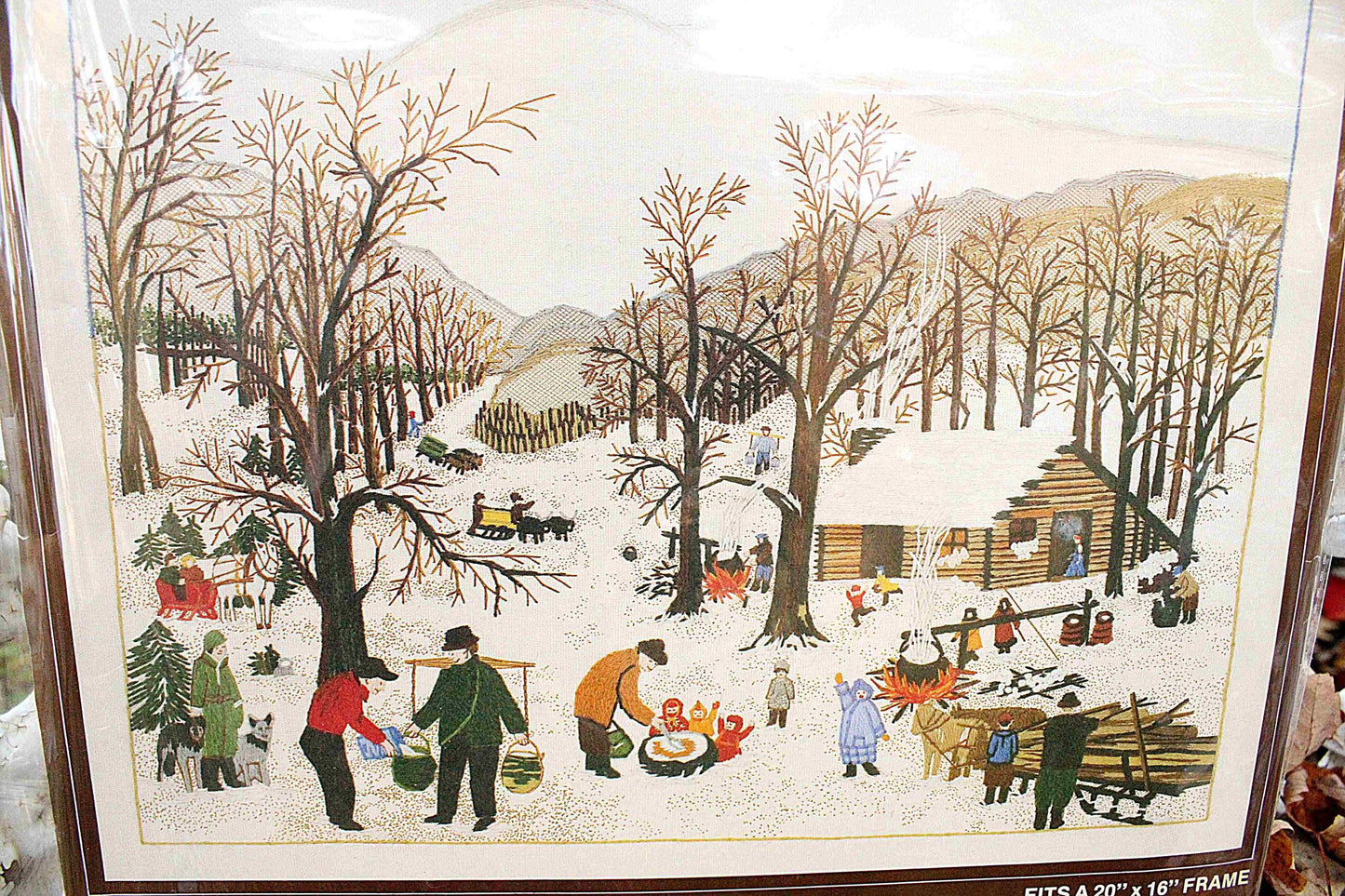SUGARING OFF Crewel Stitchery Kit, Vintage Grandma Moses Design, Paragon Needlecraft Embroidery Kit # 0202 from 1983