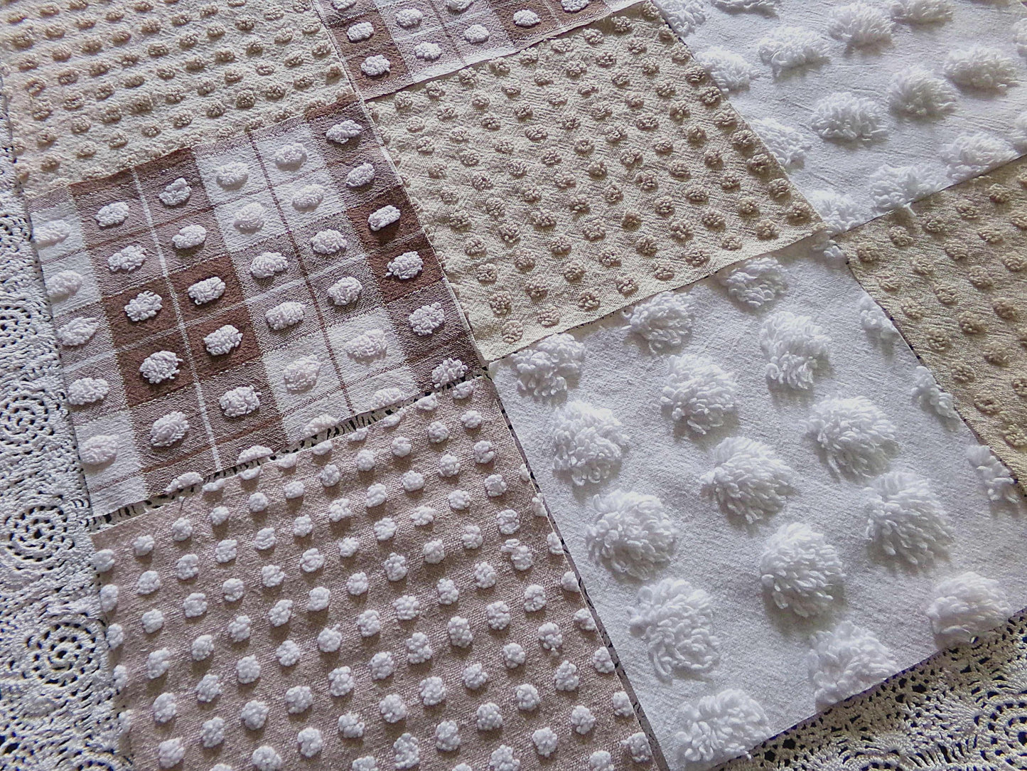 teddy bear browns chenille fabric squares, set of 16 vintage 6" quilt blocks for sewing, quilting, crafts in mocha, chocolate & white pops