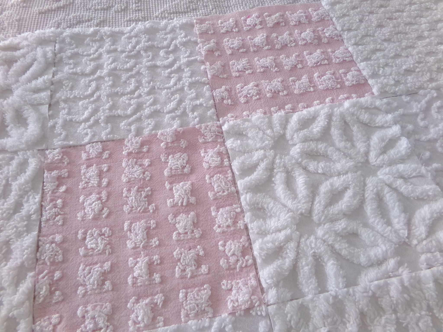 angel wings chenille fabric squares, pink & white rosebud, lattice, dots, squiggles, vintage square set of 16 quilt blocks, 6" x 6" inch