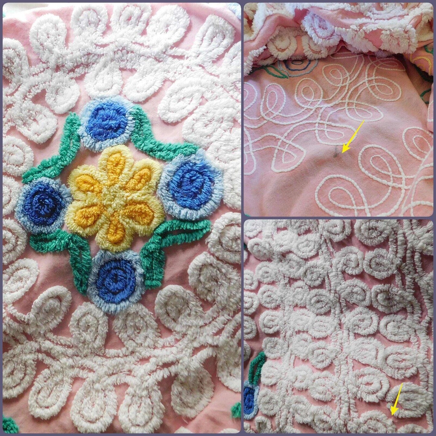 shabby plush pink vintage chenille bedspread, popular wedding cake florals, retro cottage glamour full size bedding