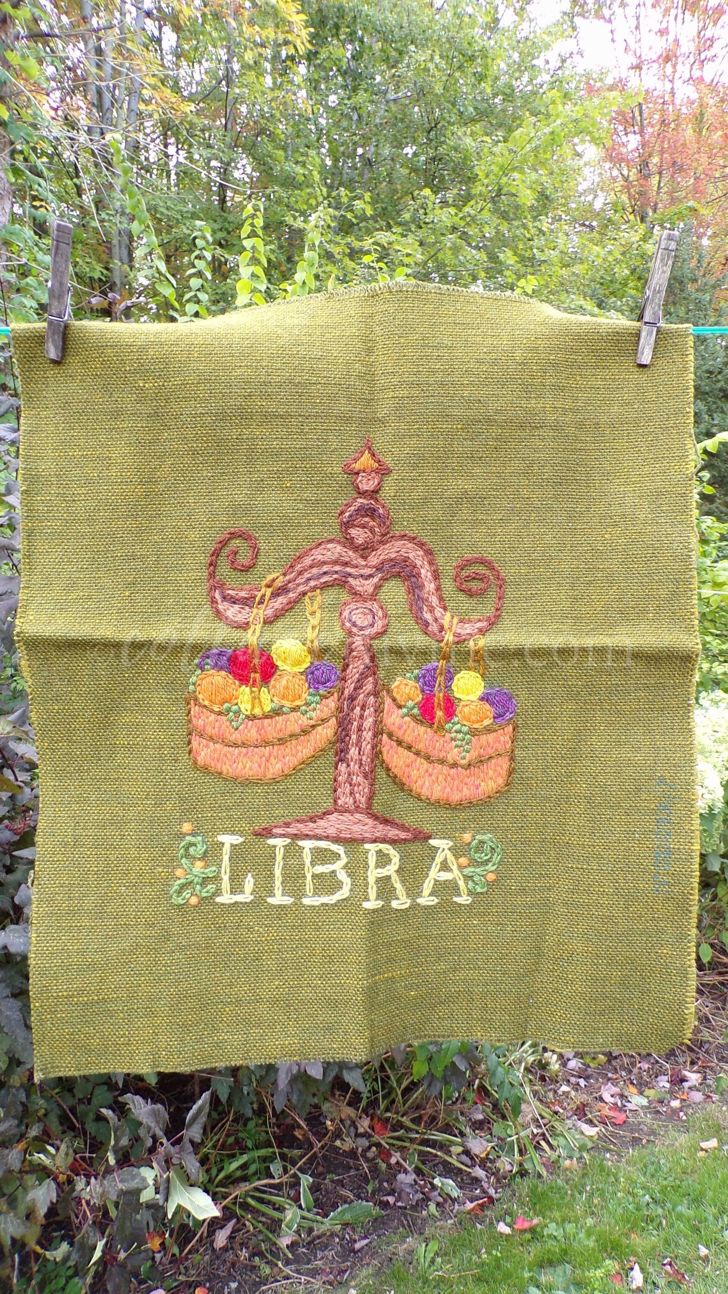 LIBRA Rare Zodiac Vintage Astrology Embroidery, Paragon Crewel Stitchery, Completed, an Original 1969 Barbara Sparre Design