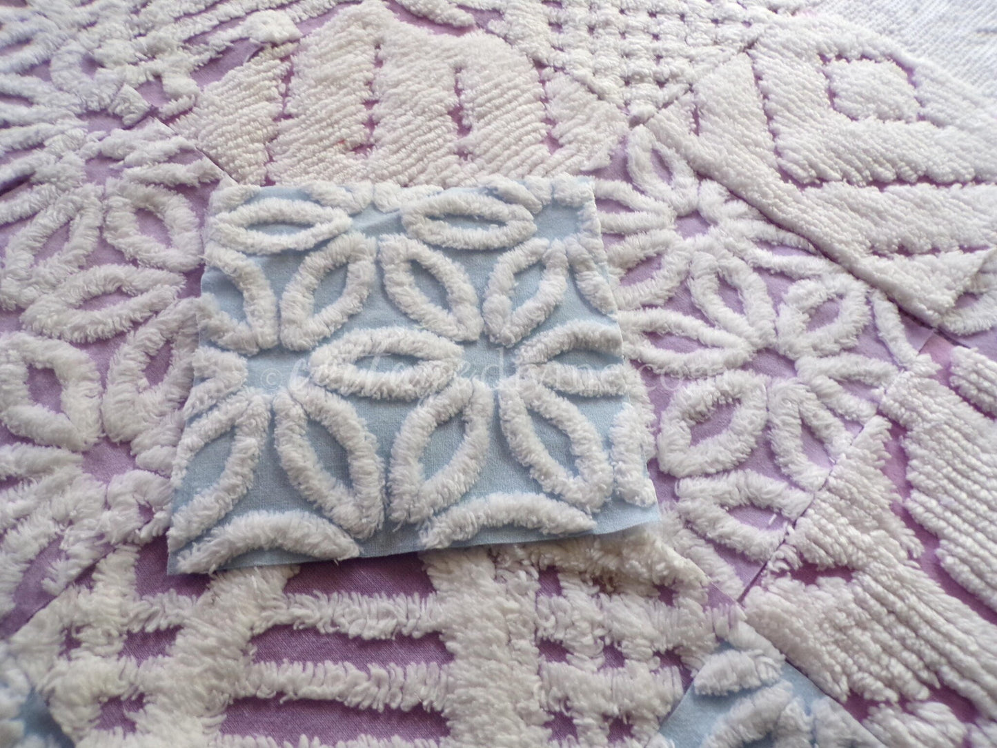 Peaceful Dreams Chenille Fabric Squares Set in Lilac, Blue & White, 16 Vintage Rotary Cut Quilt Blocks, 6" x 6" inch