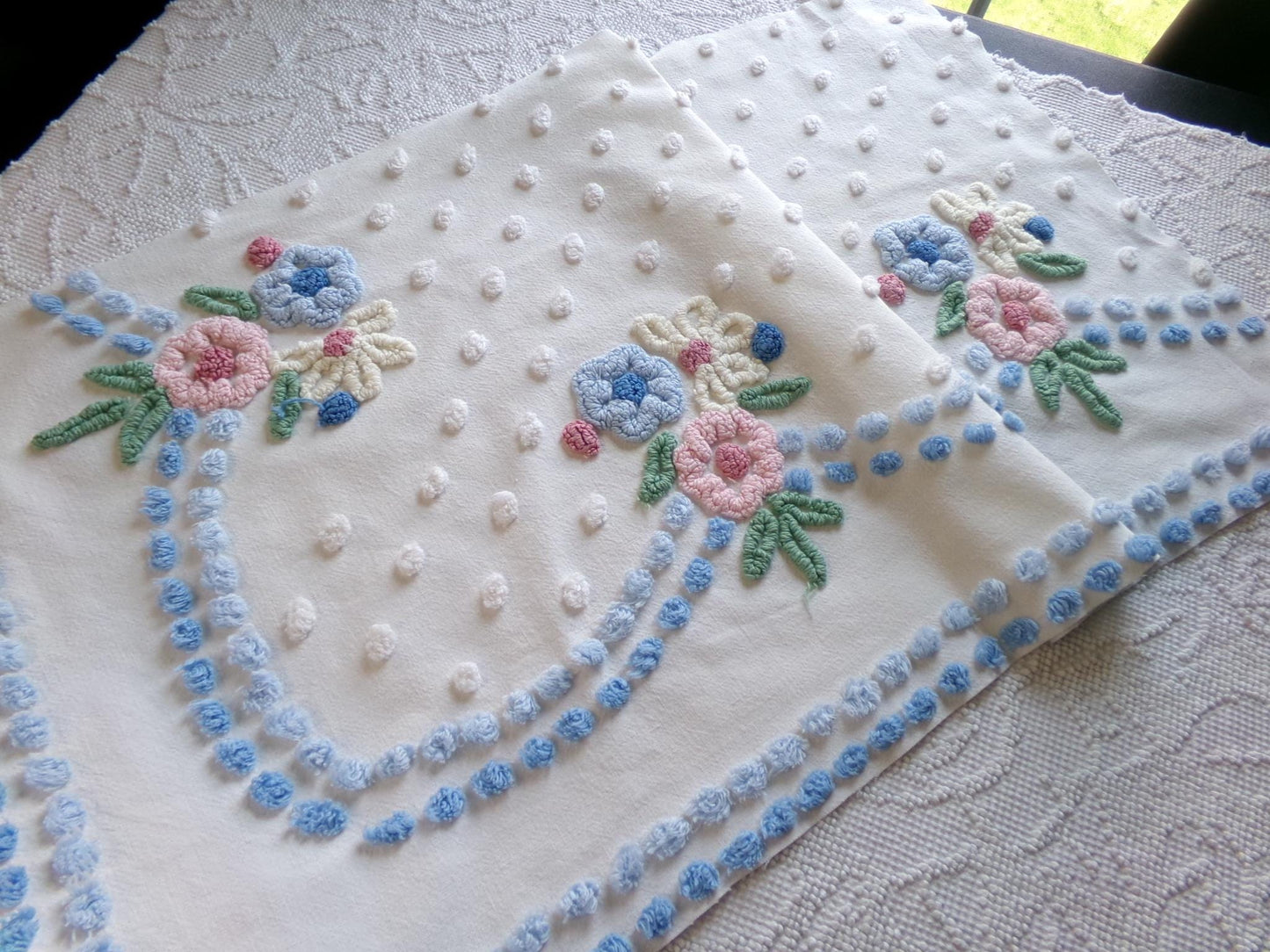 shabby divine vintage chenille fabric, prettiest floral 18" x 34" inch large piece of cotton sewing material, great for quilting & crafts