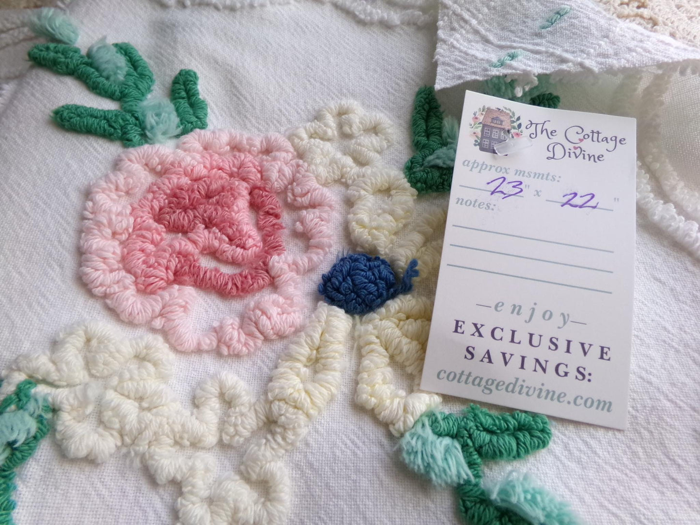 cottage style wildflower vintage chenille fabric, jadeite pops on white cotton, 22" x 23" inch piece of sewing material for quilting, crafts
