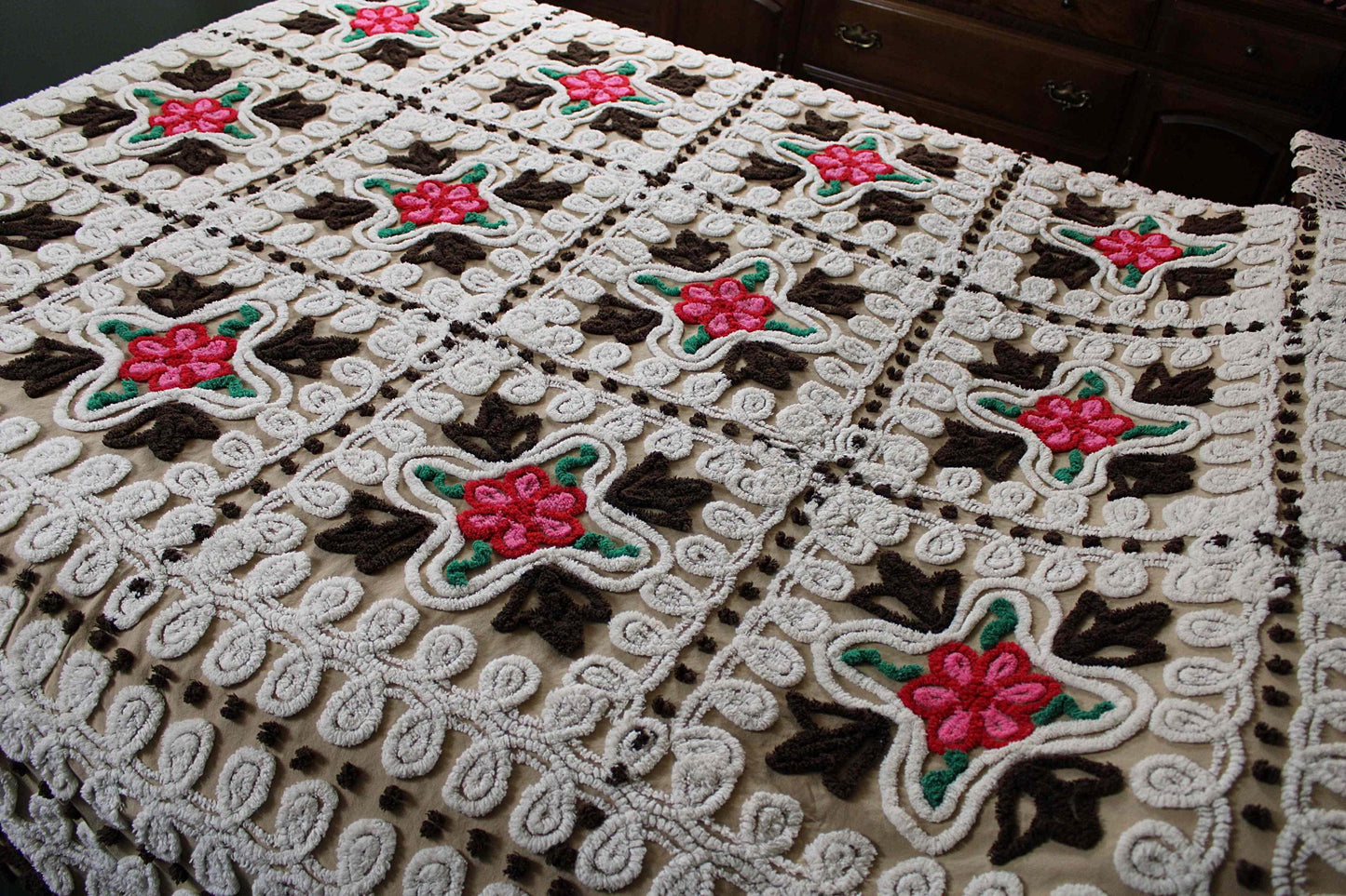 Boho Vintage Chenille Bedspread, Pink Roses on Cocoa Brown, Full Size Cotton Bedding