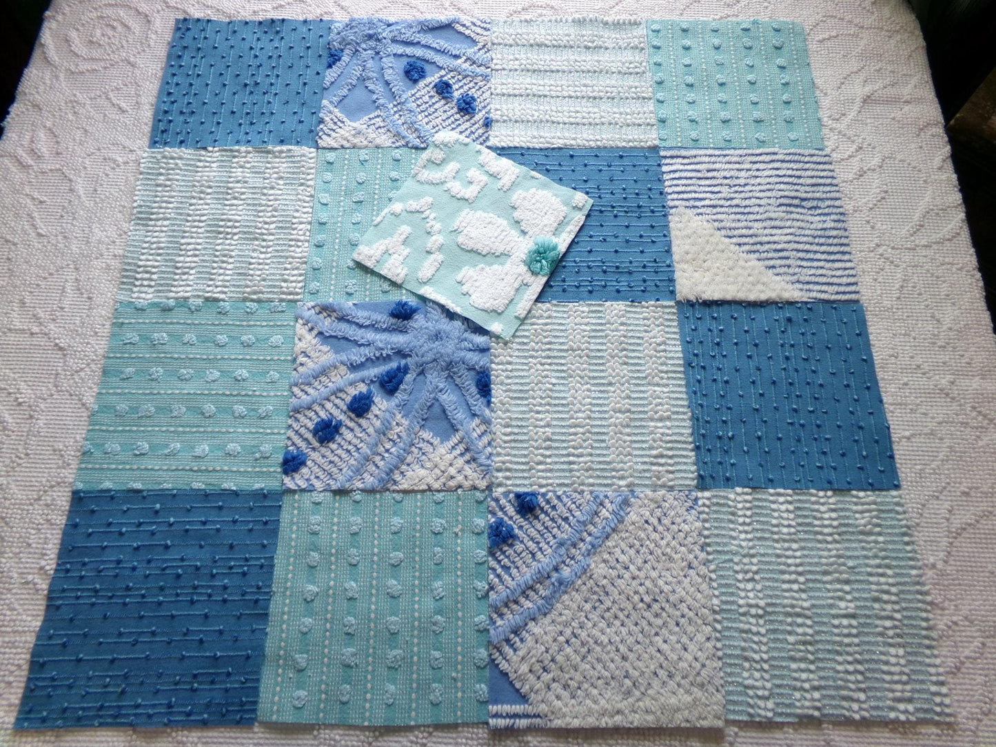 mermaid kisses chenille fabric squares, set of 17 vintage blue & aqua 6" craft blocks, chic designs for quilt inlays, pillows, fiber arts