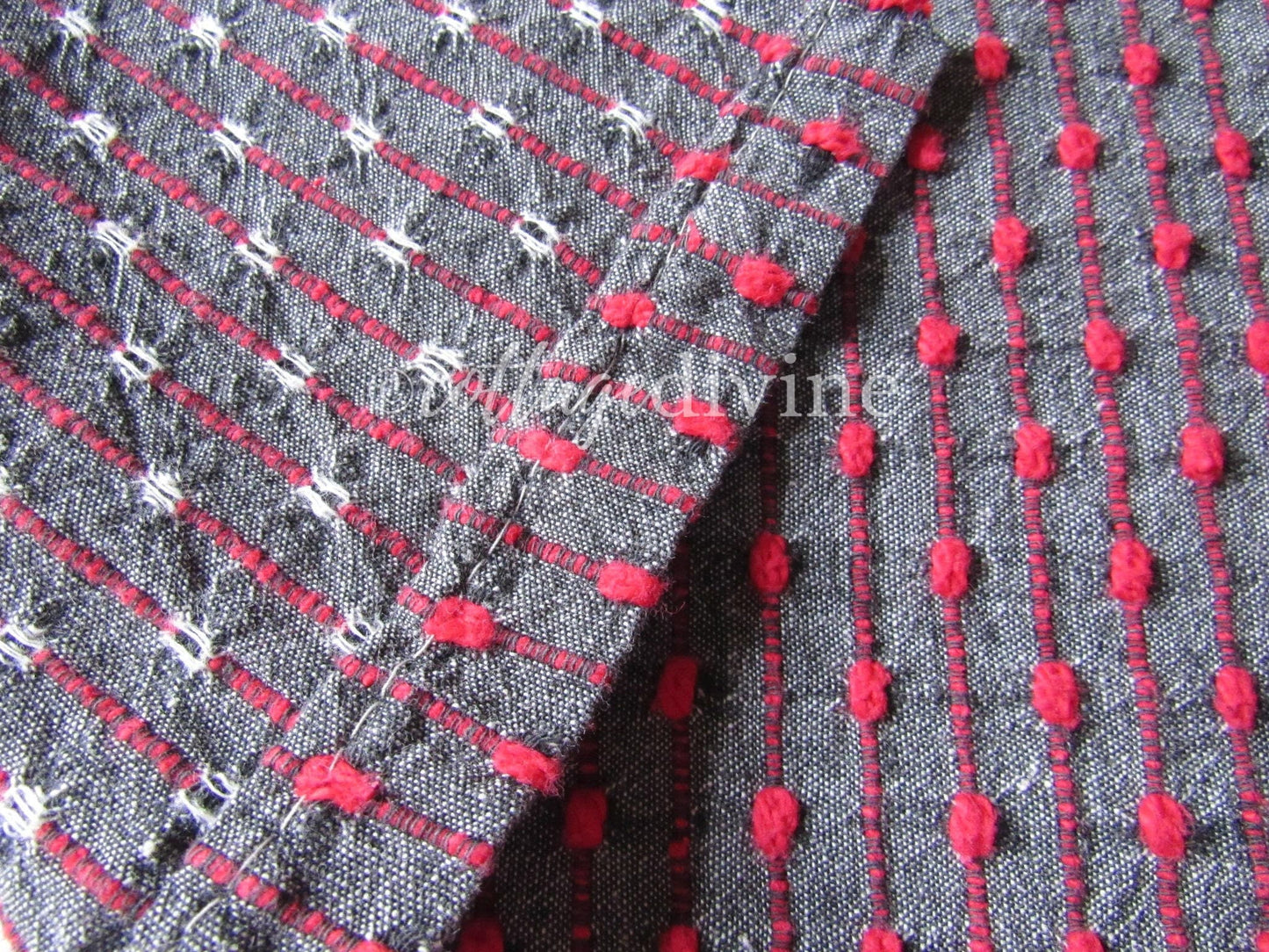Chic Charcoal Red Pinstripe Vintage Woven & Chenille Fabric Piece, Reversible Bates Design for quilting, sewing, crafts, 17" x 35"