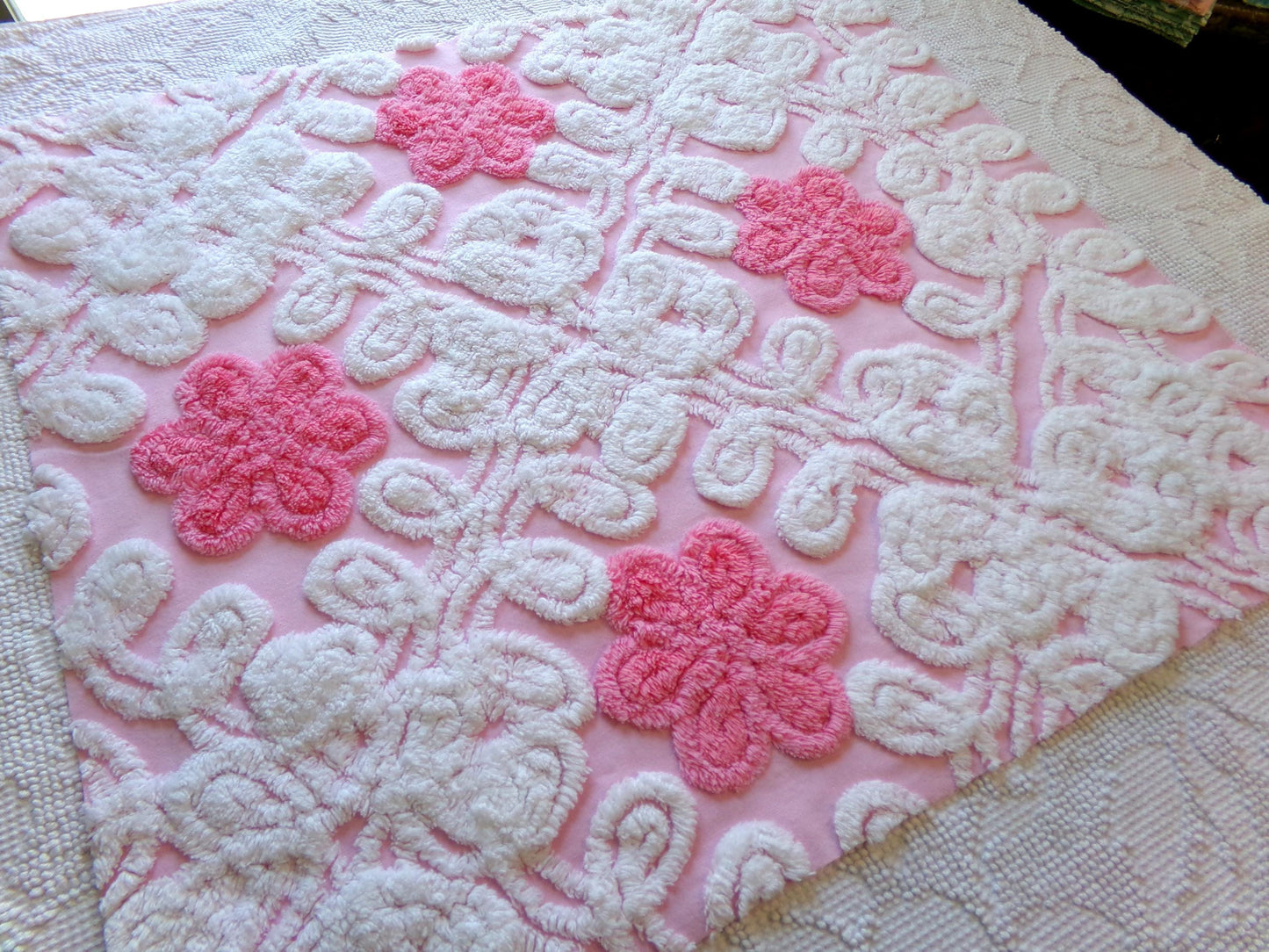 Vintage Chenille Fabric: Strawberries & Cream Pink Sewing Material 21" x 23"