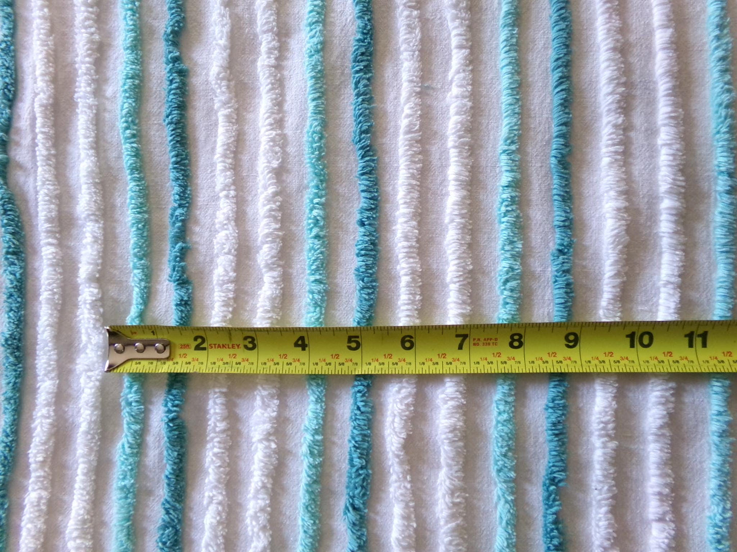 breezy coastal cottage chenille fabric, vintage aqua, teal & white striped sewing material for handmade quilts, crafts, 18" x 24" inch piece