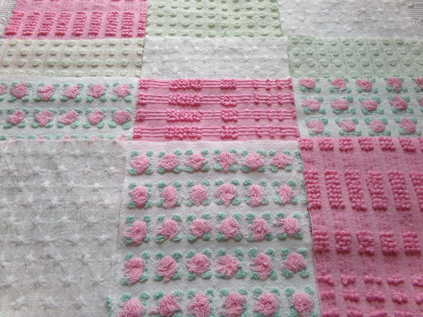 fairytale pink & green chenille fabric squares, set of 12 vintage 6" quilt blocks in crafty girl's dozen, popular squiggles, rosebud, dots