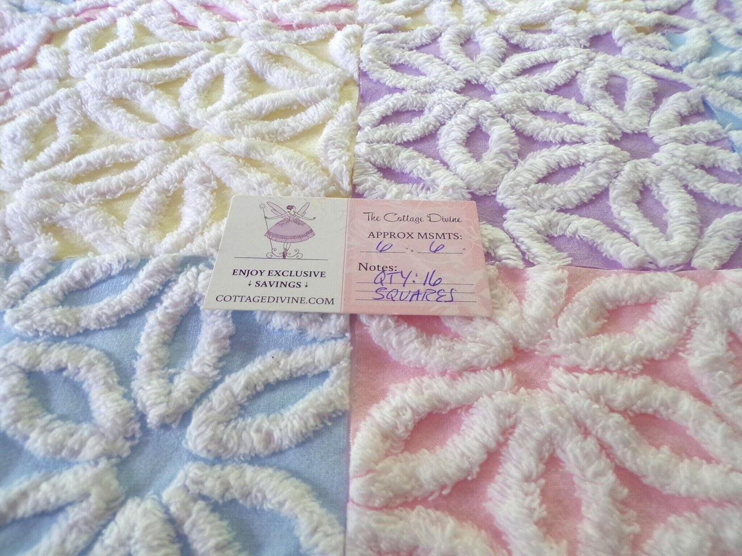 Rainbow Pastel Daisy Quilt Squares Set, Fluffy & Plush, from Vintage Chenille Bedspread Fabric, 16 Blocks, 6" x 6" inch