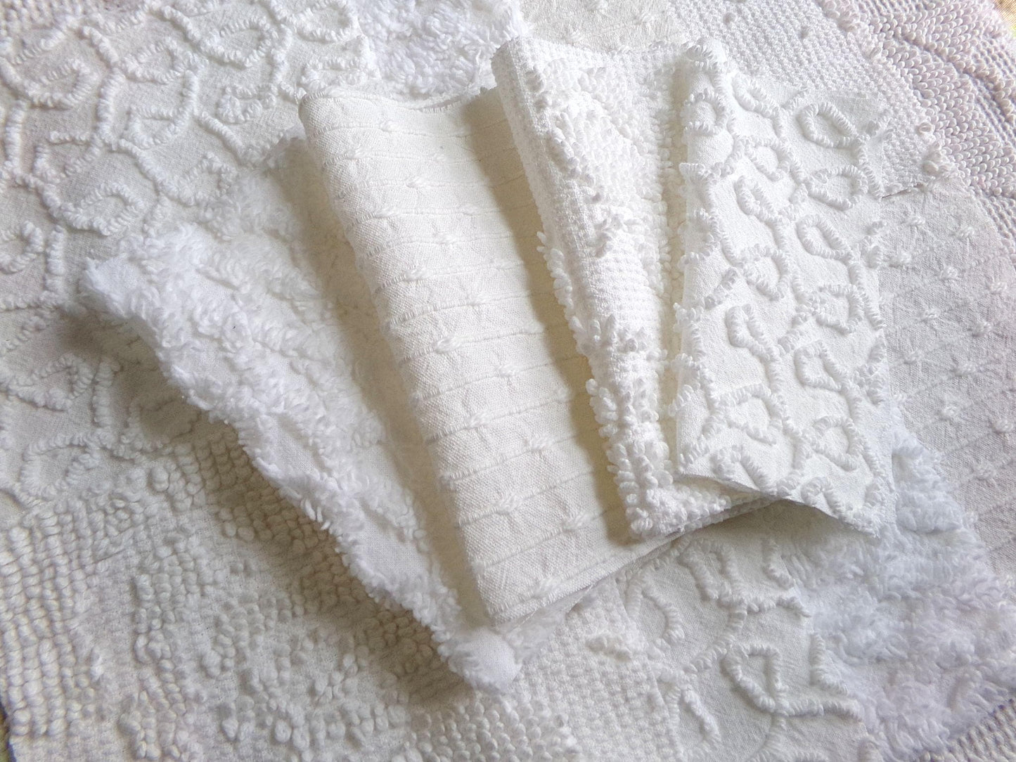 white vintage 6" chenille squares, set of 12 quilt blocks in a classic selection of popular patterns for sewing & crafts