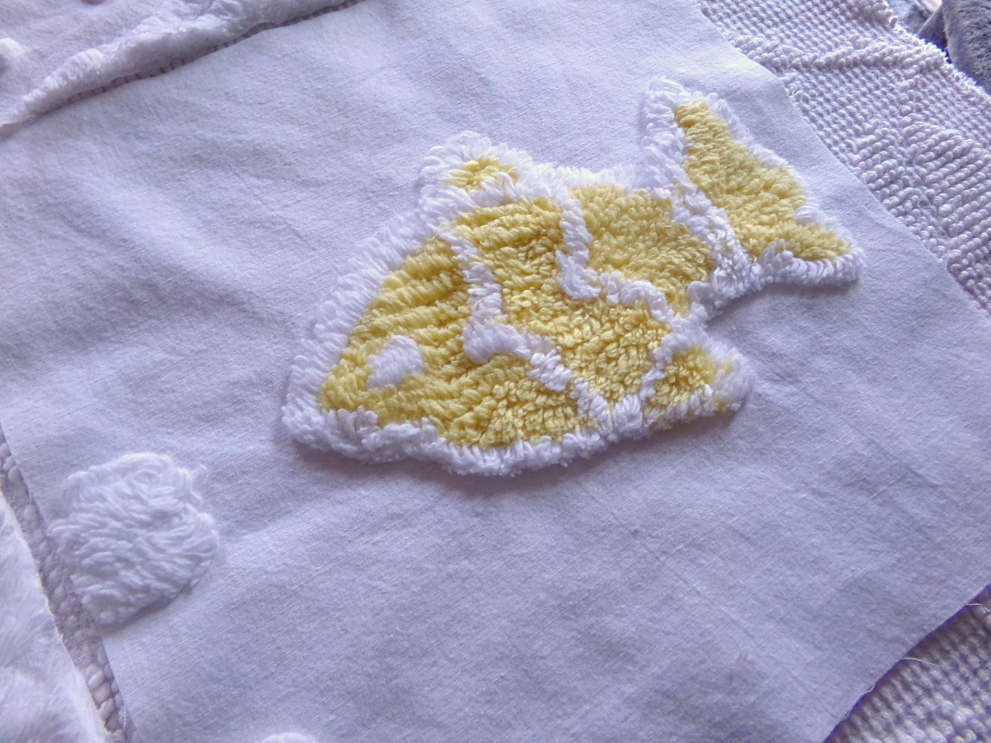 school of fish chenille fabric squares, set of 6 large 9.5" square quilt blocks, fun fishies & plush white swirl dots