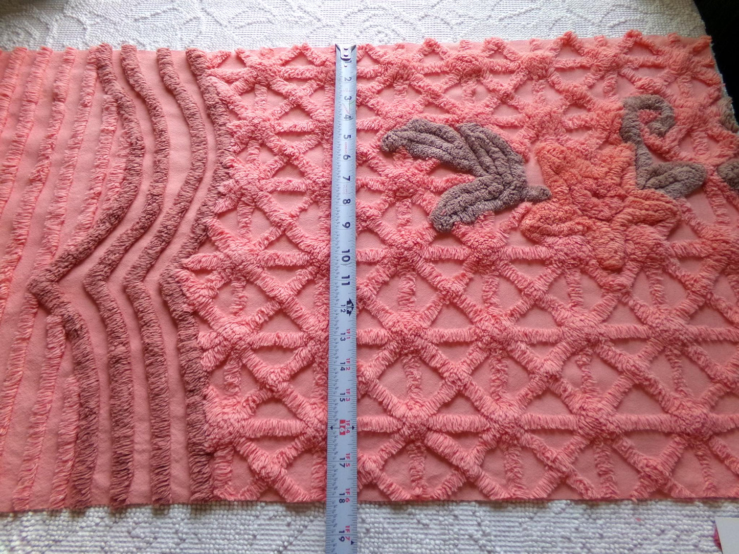 peach twinkles vintage chenille fabric panel in shabby starburst pattern, pretty sewing material for quilts & pillows, 30" x 17" inch piece