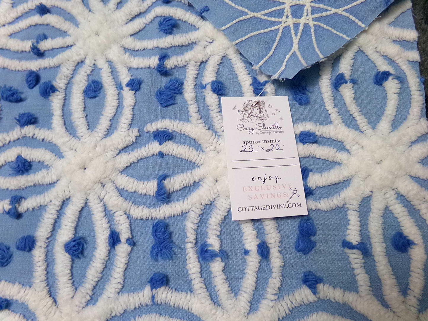 deep coastal blue vintage chenille fabric with tufted white spider rings & little pops, 23" x 20" inch piece