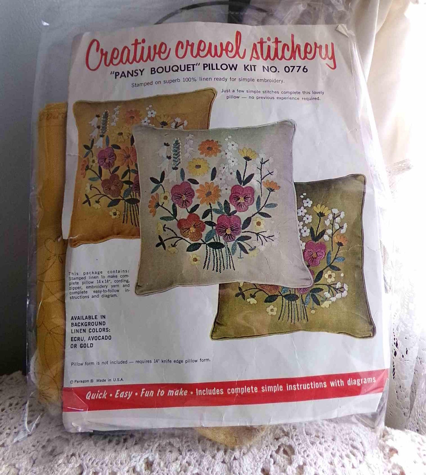 PANSY BOUQUET Pillow Kit by Paragon Creative Stitchery #0776 in Harvest GOLD, Vintage Hippie 1970s Crewel Embroidery, 14" x 14" Square Size
