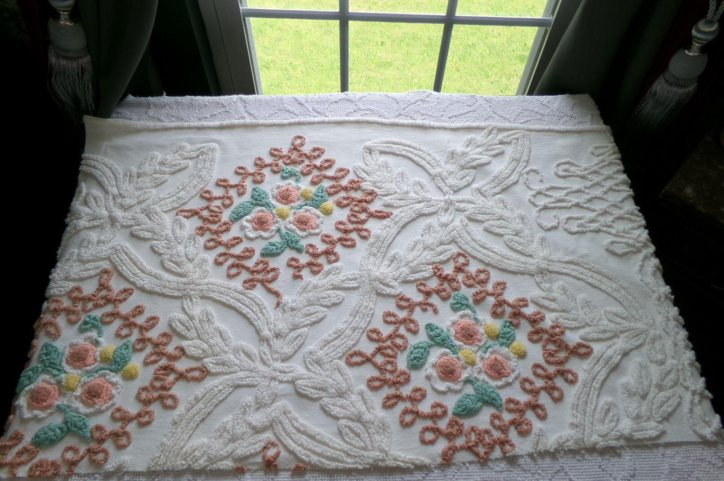 frosted cake sculpted vintage chenille fabric, cream botanicals & autumn roses, 35" x 20" inch piece of beautiful sewing material