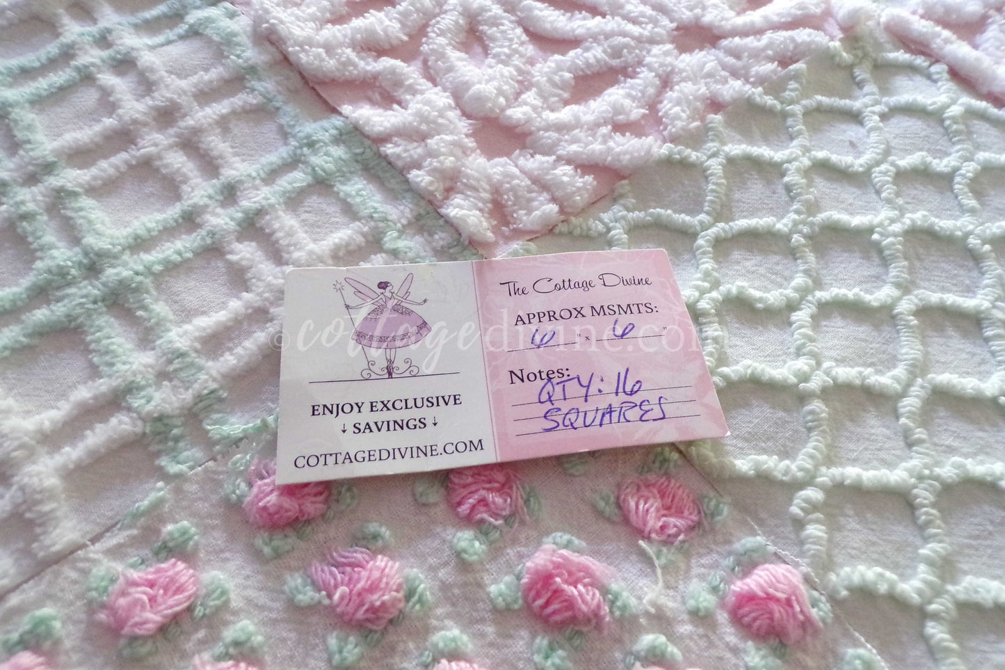 Picnic Time Chenille Quilt Squares Set from Vintage Bedspread Fabric, 16 Blocks, 6" x 6" inches each, Pretty Green, White, Pink Rosebud