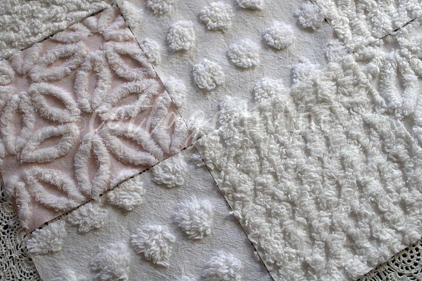 Baby's Breath Chenille Fabric Squares Set in White & Pink, Cut from Vintage Chenille Bedspread Material, 16 Blocks, 6" x 6" inch each