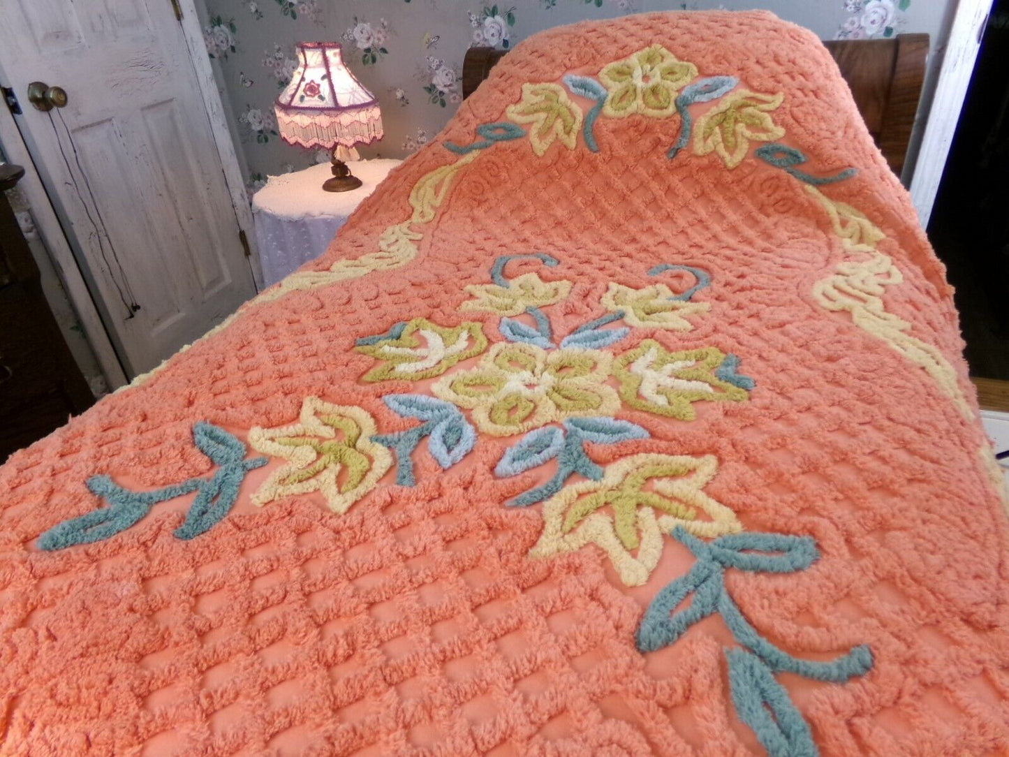 Vivid Orange Floral Vintage Chenille Bedspread, Boxed & Fitted Design, Full Size