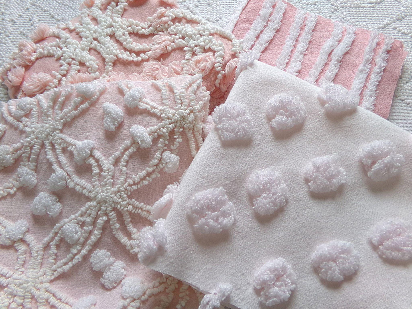 love pink chenille fabric squares, set of 4 texturized vintage large quilt blocks 12" inches ea, spider ring, pops, stripes, infinity tuft