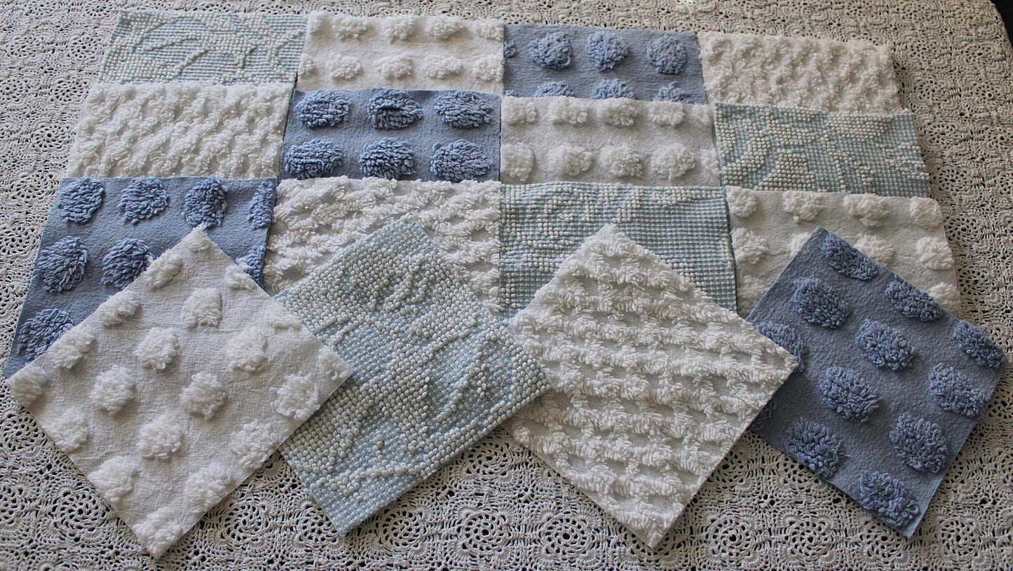 Chenille Fabric Squares, Beachy Blue & White Craft Square Set from Vintage Bedspread Fabric, 16 Blocks, 6" x 6" inch