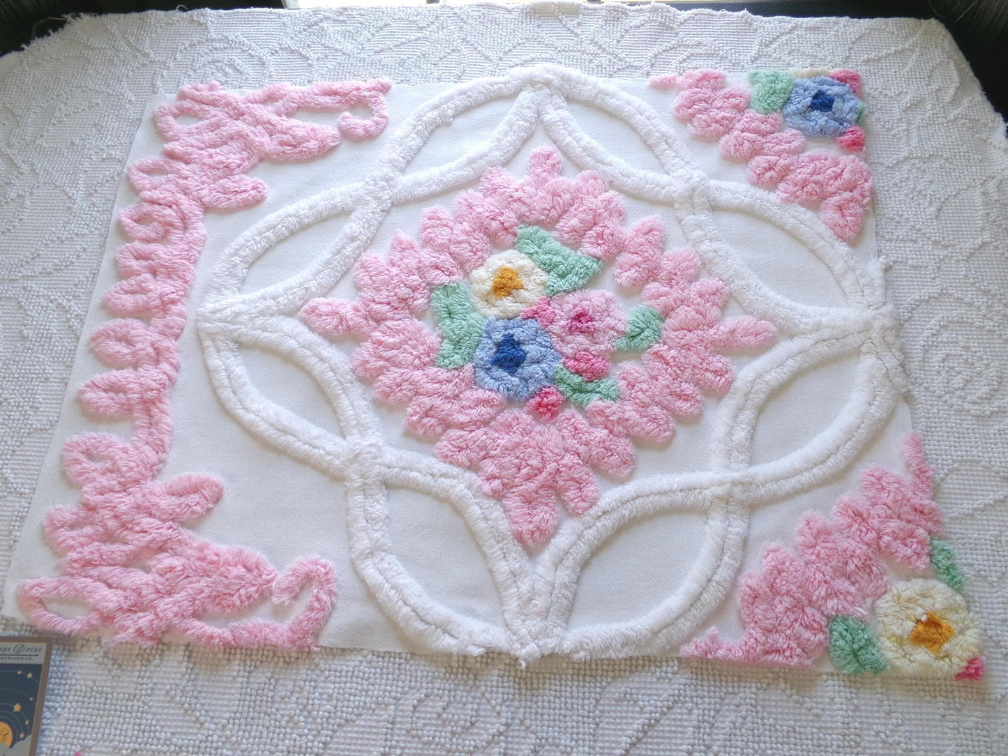heavenly cottage chic vintage chenille fabric, heavy tufted frosted wedding cake floral 17" x 23" inch piece of pink & white sewing material
