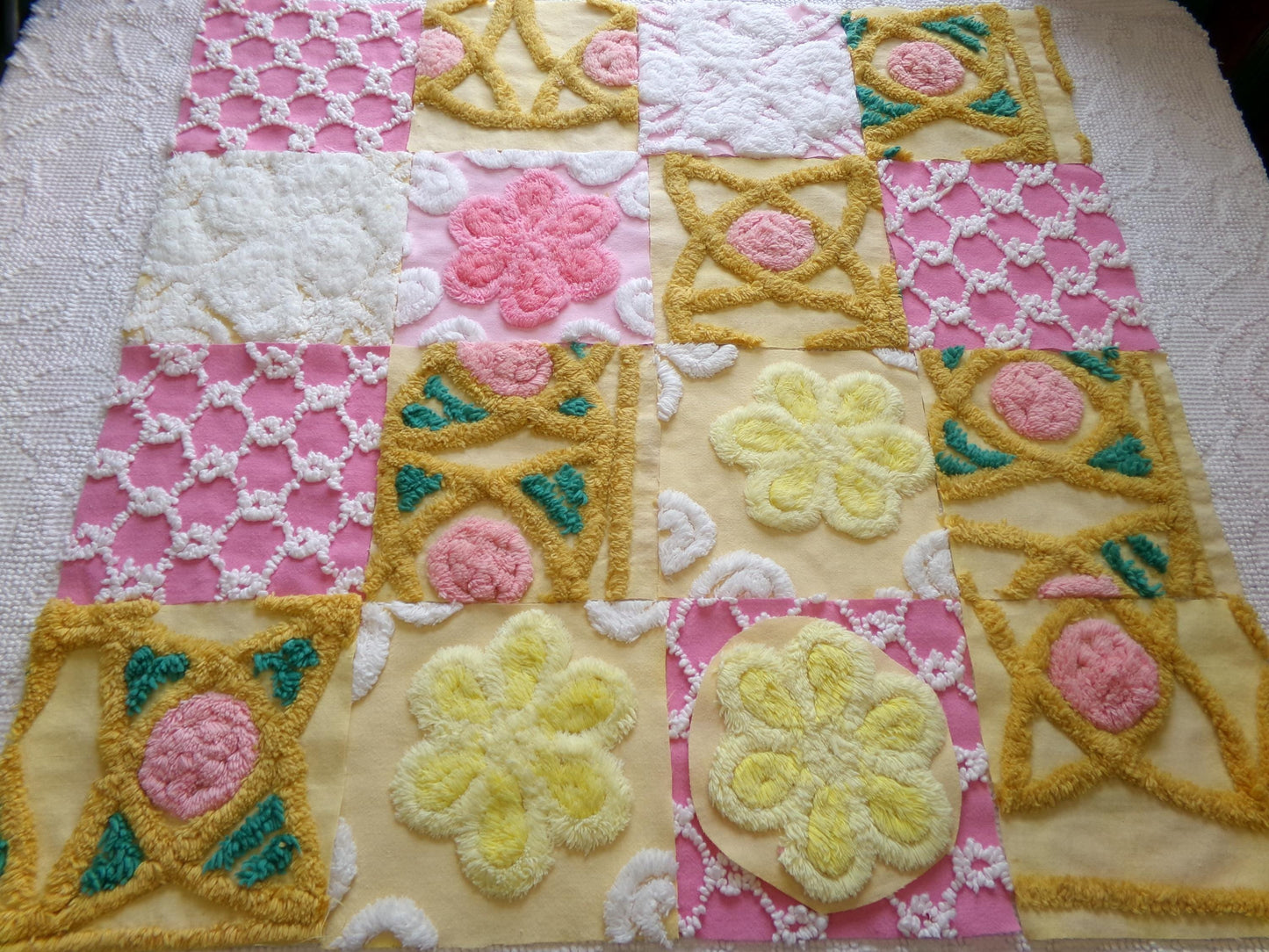 vintage chenille fabric squares, "secret garden" set of 16 floral 6" quilt blocks in yellow, rose pink, gold