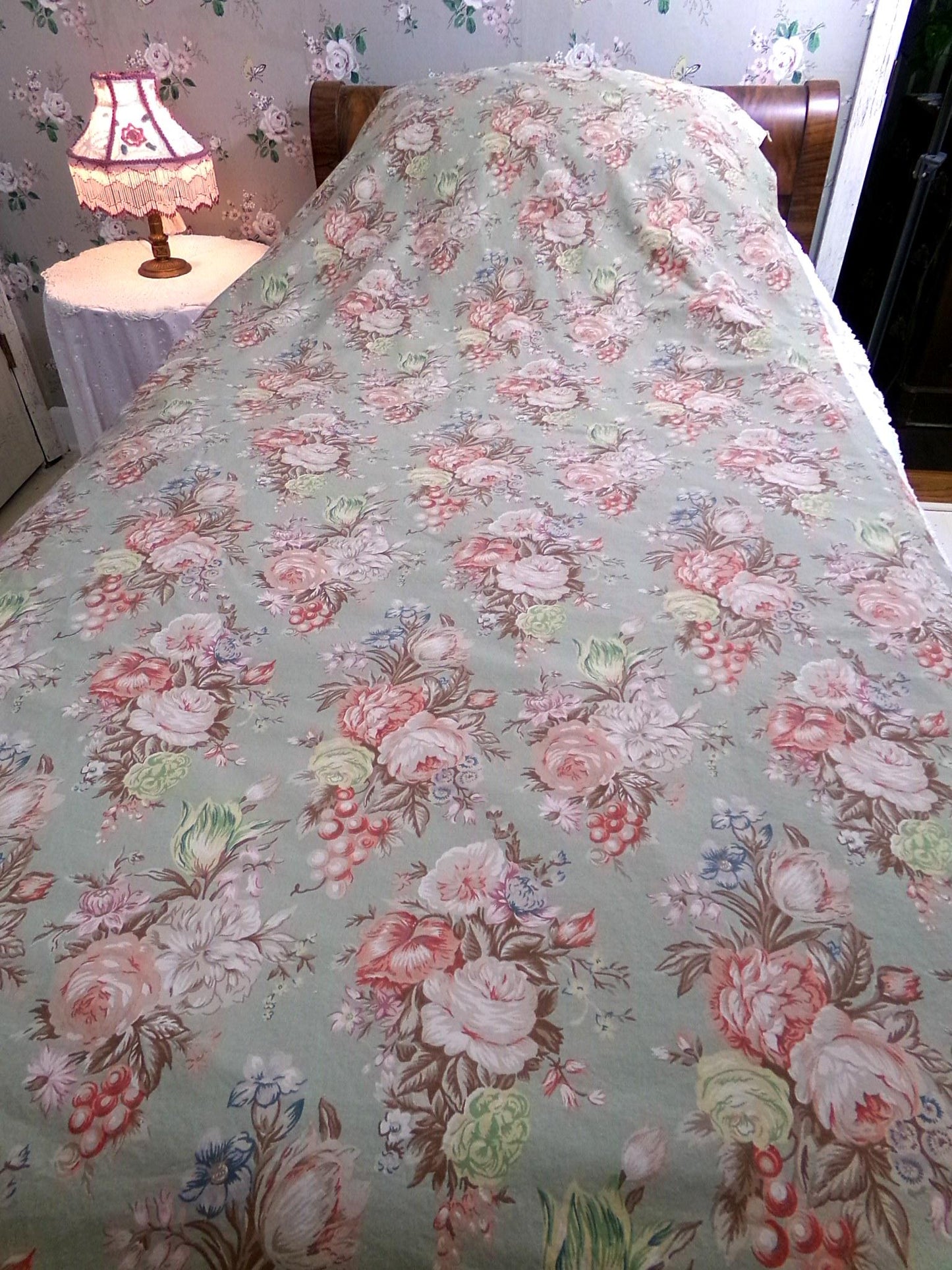 Ralph Lauren Charlotte SINGLE Curtain Panel, Vintage Sage Green Floral Window Drape, Classic Blue Label Print, USA Made Cotton
