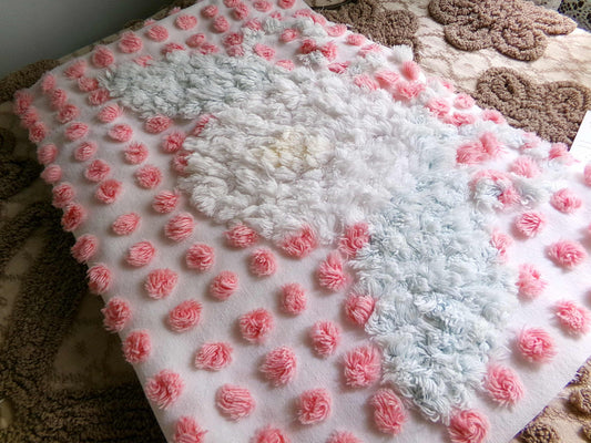 Darling White Lily Vintage Fabric, Handtufted Antique Chenille Pink & White Pops, 20" x 28" Inch Piece
