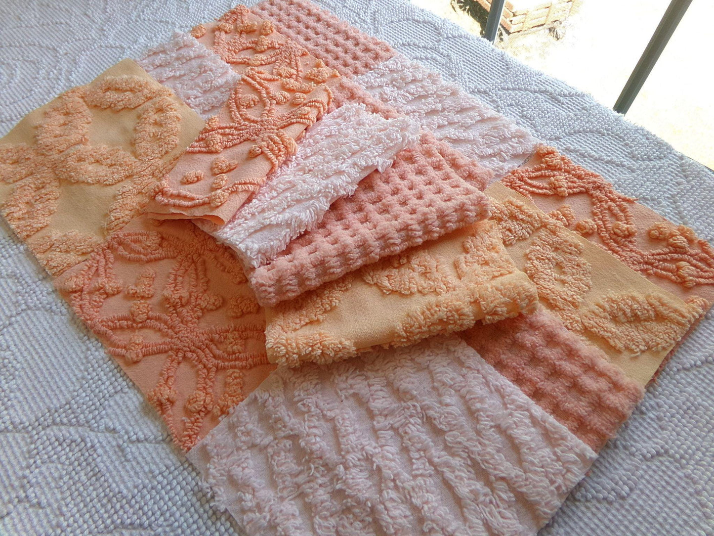 bliss peach chenille fabric squares, set of 16 vintage craft quilt blocks 6" inches, geometric designs for quilt inlays, pillows, fiber arts