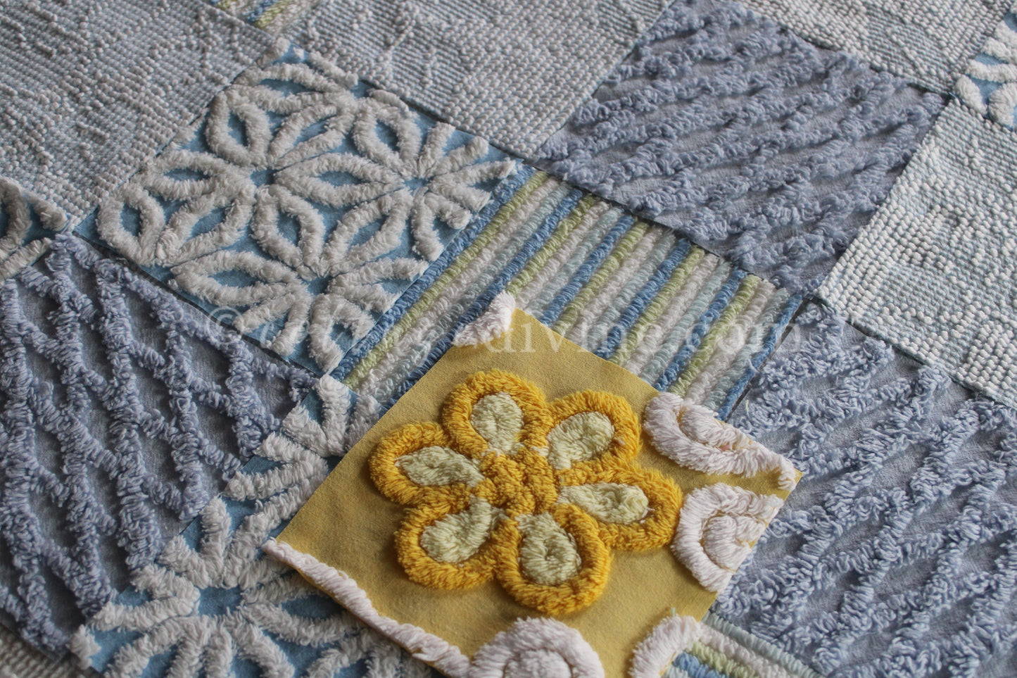 Coastal Morning Chenille Quilt Squares Set, from Vintage Bedspread Fabric, 16 Blocks, 6" inch & Extra Sunshine Flower Square