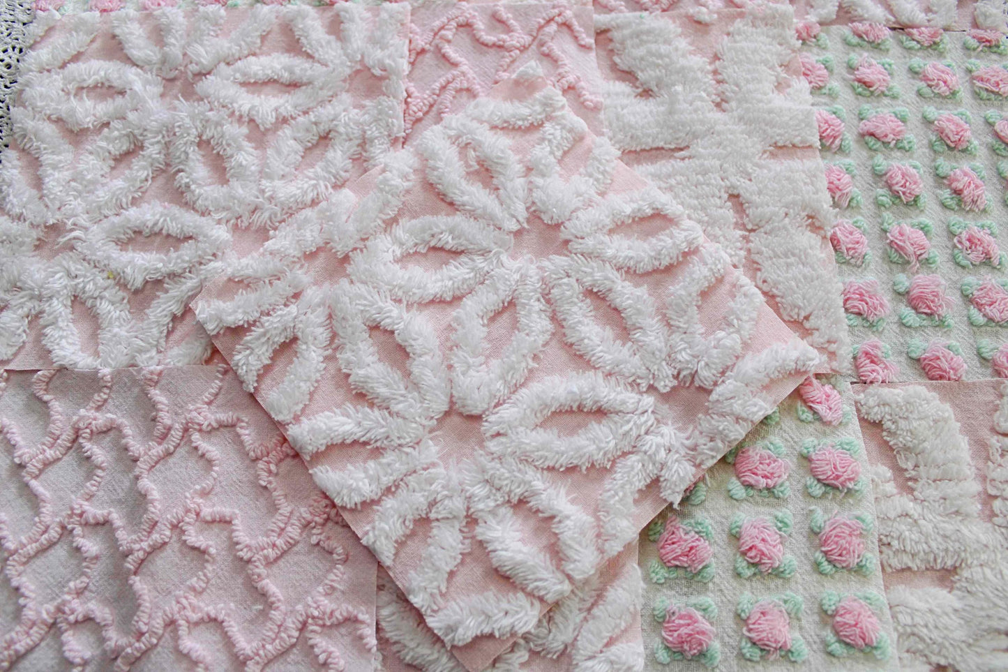 fairy pink chenille fabric squares, cottage rosebud & daisy, 16 vintage quilt blocks 6" x 6" inch, for patchwork pillows, quilting, crafts