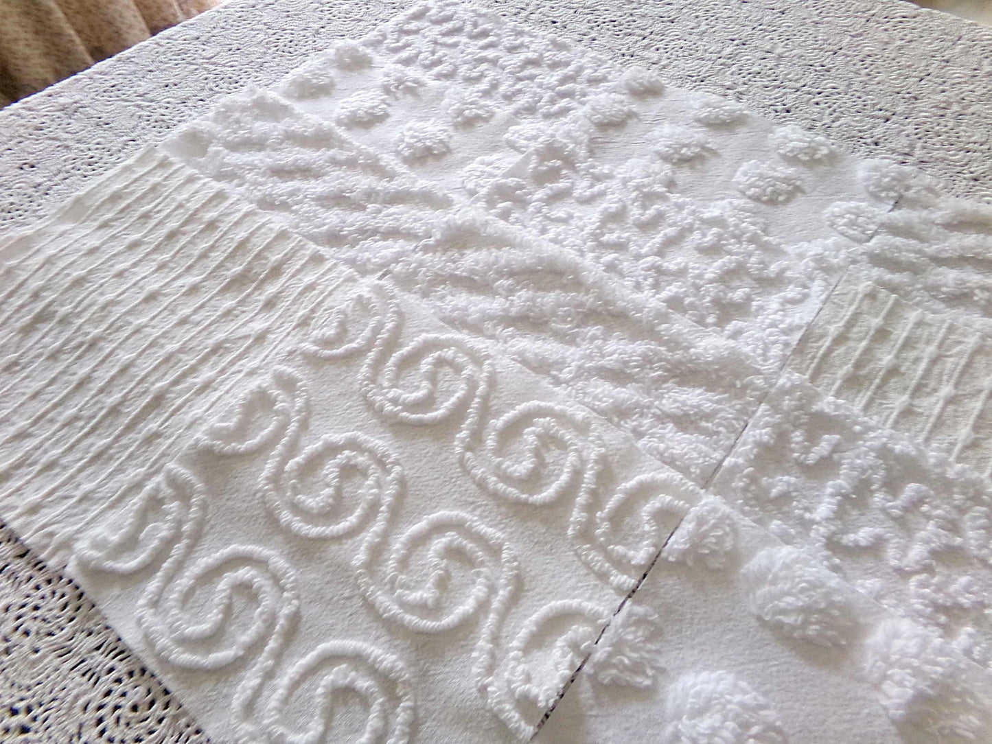serene snowfall vintage chenille fabric squares, set of 16 white 6" quilt blocks, upcycle in handmade quilts, sewing projects