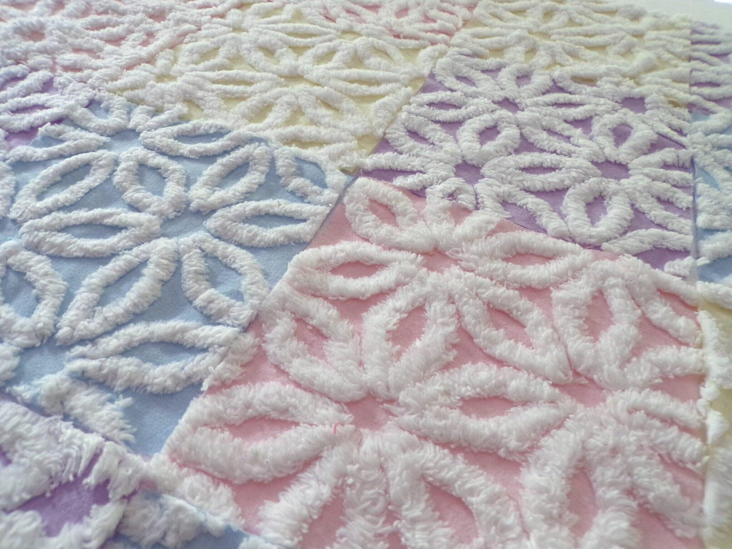 Rainbow Pastel Daisy Quilt Squares Set, Fluffy & Plush, from Vintage Chenille Bedspread Fabric, 16 Blocks, 6" x 6" inch