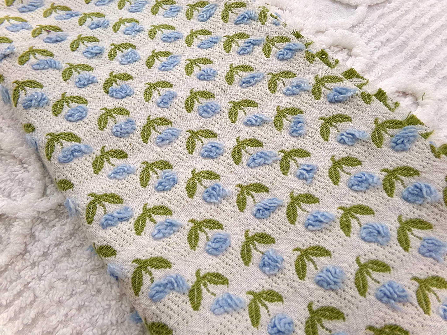 Tulip Garden Vintage Chenille Bedspread Fabric, Little Blue Flowers & Green Leaves, 12" x 24" inch Piece, Sewing Material for Quilts, Crafts
